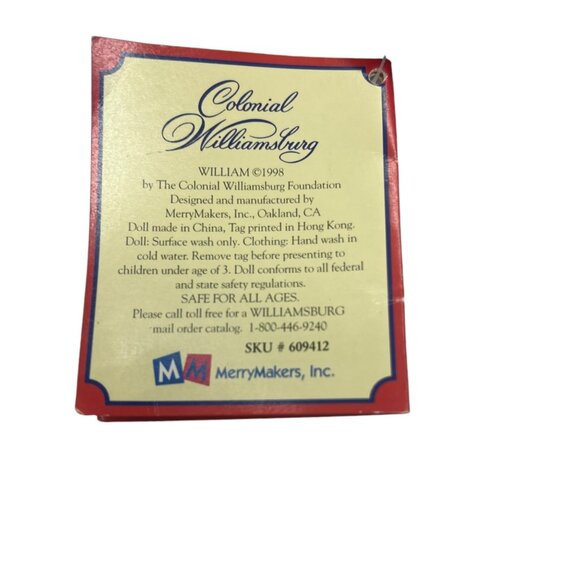 Vtg 1998 MerryMakers Colonial Williamsburg William Cloth Doll 12" Toy Has Tags - Picture 4 of 9